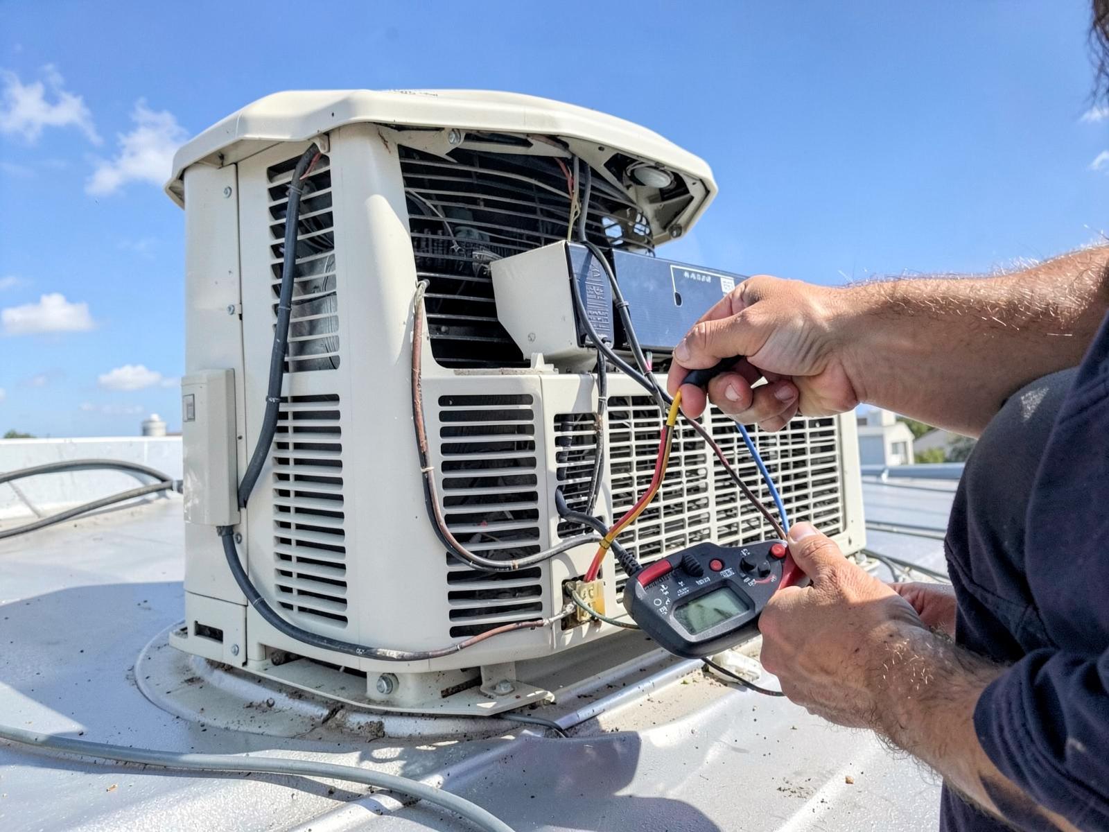 Rooftop RV air conditioner shroud removed for service