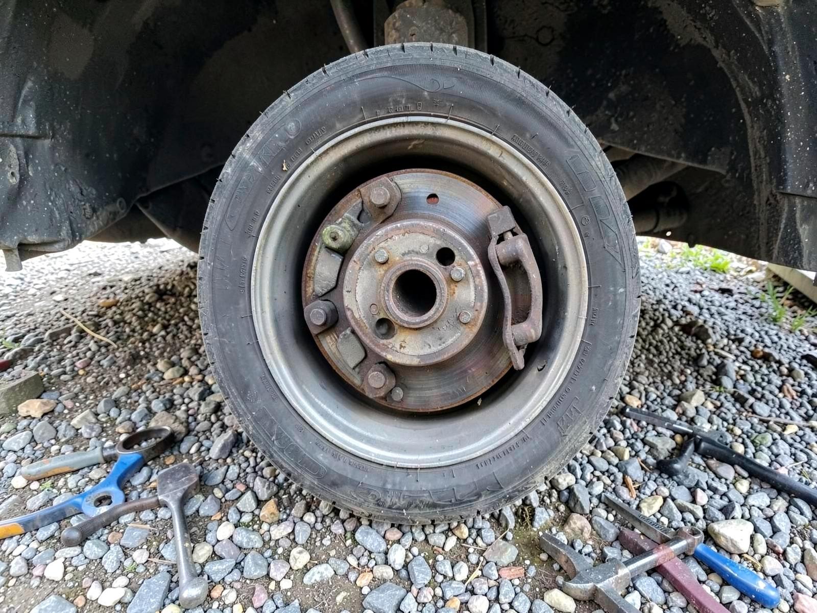 Trailer brake drum removed showing worn shoes and magnet