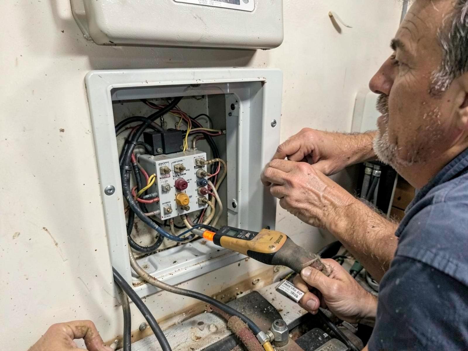 Multimeter testing 12V wiring inside a camper cabinet