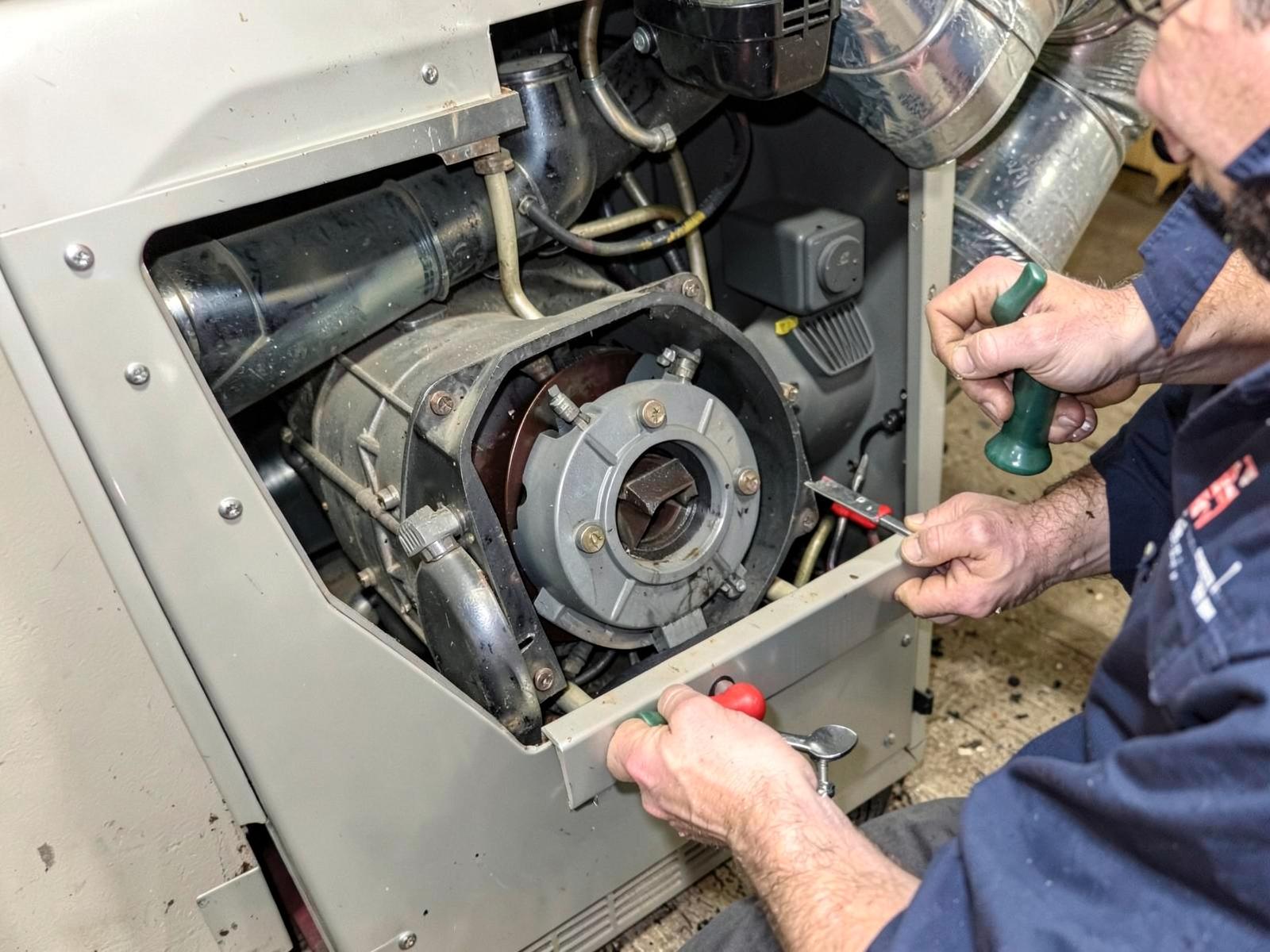 RV furnace pulled for service on a workbench