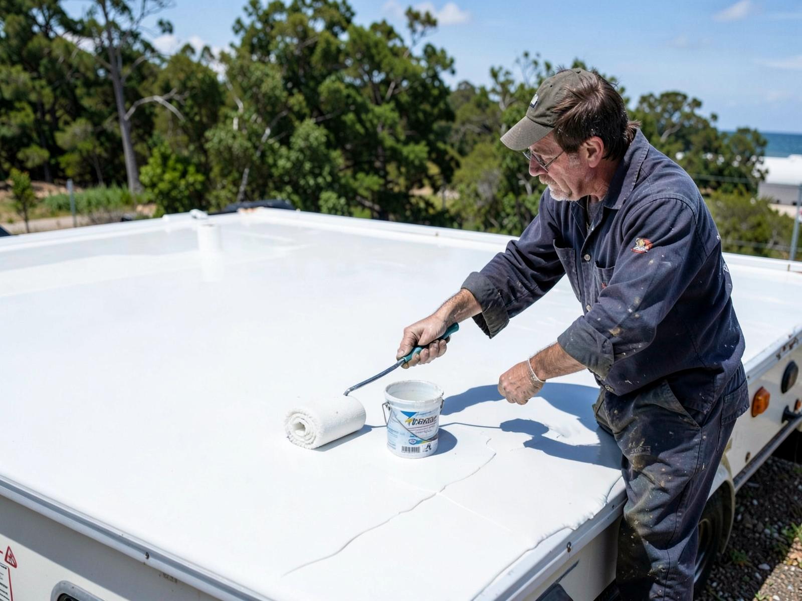 Crazy Seal roof coating being applied to an RV roof by Camper Care